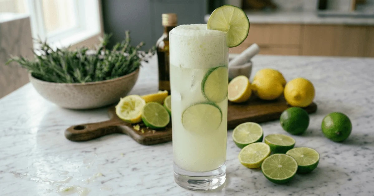 A glass of Brazilian lemonade with a frothy top and fresh lime slices, showcasing the creamy texture of this refreshing summer drink.