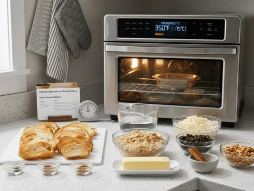 All ingredients needed for capirotada including bread, sugar, cinnamon, raisins, peanuts, and cheese. These simple components create a traditional Mexican dessert.