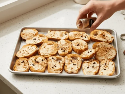 Slices of bread arranged on a tray before toasting for capirotada preparation. Properly dried bread is key for absorbing syrup.