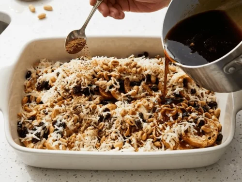 Pouring cinnamon syrup over layered bread mixture for capirotada. This ensures every bite is infused with flavor.