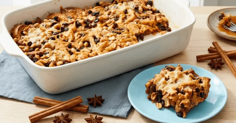 Traditional Mexican capirotada dessert baked with cheese, raisins, peanuts, and cinnamon syrup in a dish. A classic Easter recipe full of rich textures and flavors.