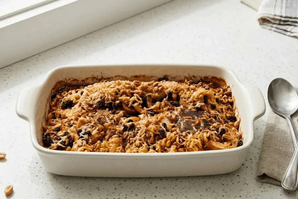 Freshly baked capirotada with melted cheese and caramelized topping. A traditional Mexican dessert ready to serve.