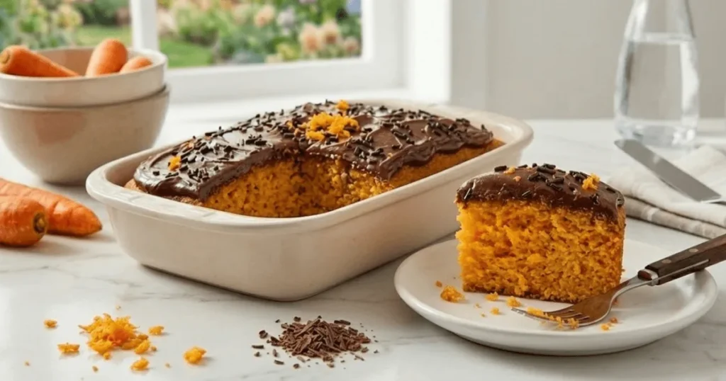 A moist homemade carrot cake with rich chocolate frosting, sliced to reveal a soft and fluffy texture inside.
