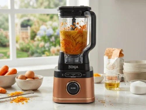 Carrots, eggs, sugar, and oil being blended into a smooth mixture for carrot cake batter.