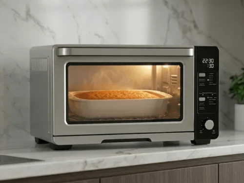 A carrot cake baking in the oven inside a rectangular pan, rising evenly.