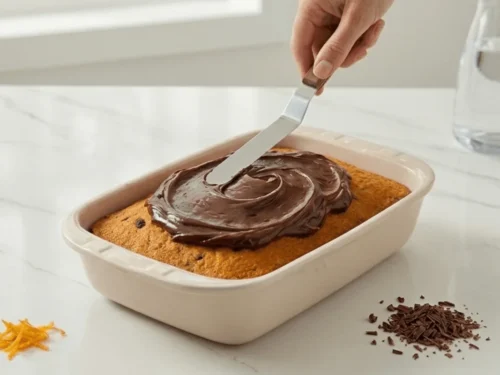 Chocolate frosting being spread evenly over a cooled carrot cake.