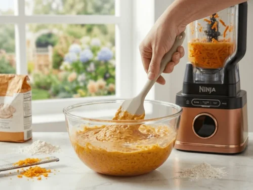 A spatula gently folding carrot cake batter to keep the texture soft and airy.