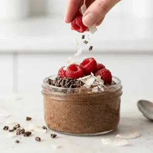 Fresh raspberries and coconut flakes added to chocolate chia pudding for a nutritious dessert.