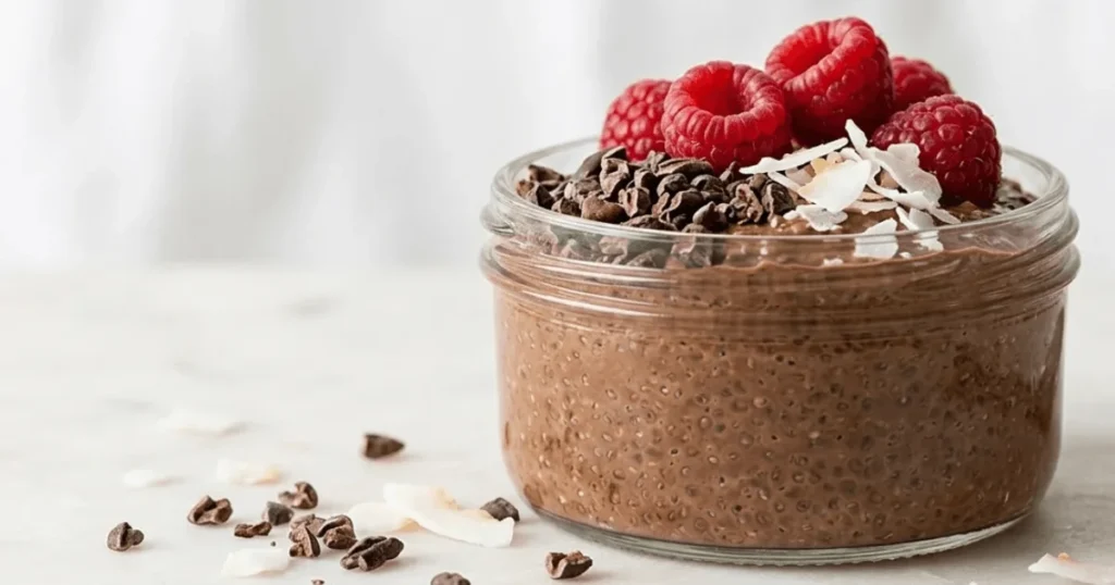 Chocolate chia pudding topped with raspberries and cacao nibs in a glass jar. A healthy naturally sweetened dessert rich in fiber and omega-3.