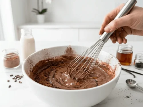 Whisking cocoa powder, plant milk, maple syrup, and vanilla in a bowl to create the chocolate base for chia pudding.