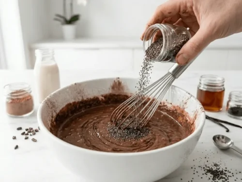 Chocolate chia pudding mixture being stirred again after resting to avoid clumps and ensure smooth texture.