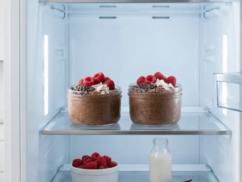 Chocolate chia pudding jars placed in the refrigerator to thicken overnight.