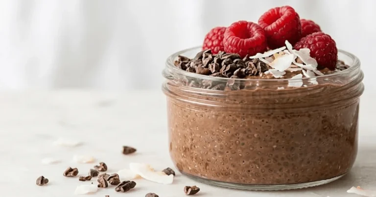 Chocolate chia pudding topped with raspberries and cacao nibs in a glass jar. A healthy naturally sweetened dessert rich in fiber and omega-3.
