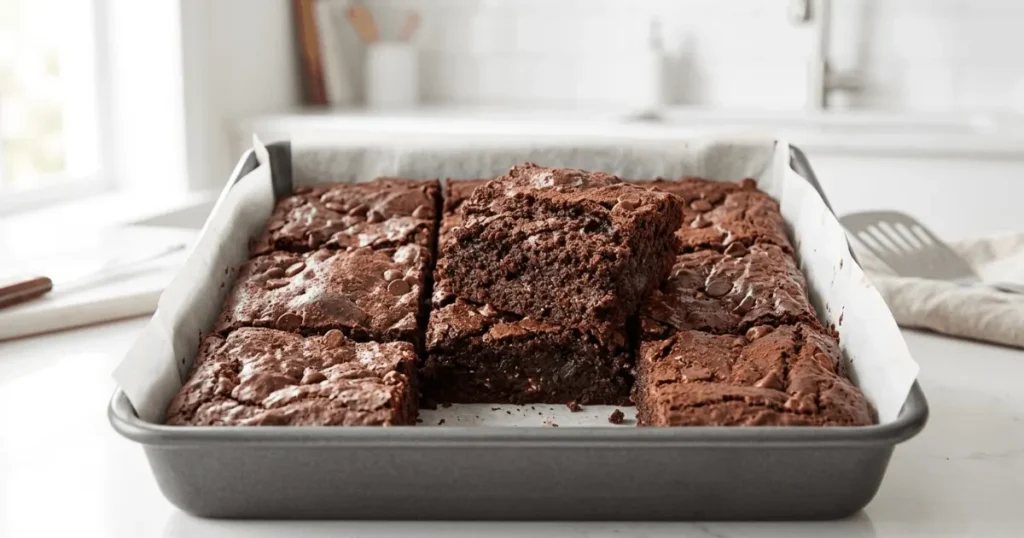 Freshly baked cottage cheese brownies cut into squares showing a rich chocolate texture and soft fudgy interior.