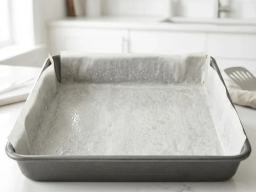 A square baking pan lined with parchment paper and prepared for baking brownies.