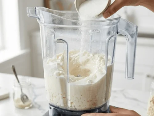 Cottage cheese and sugar blended into a smooth mixture for brownie batter.