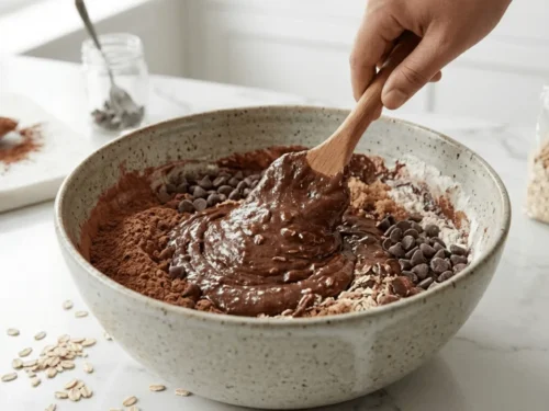 Chocolate brownie batter in a mixing bowl with cocoa powder and chocolate chips being stirred.