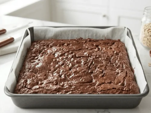 Chocolate brownie batter spread evenly in a square pan before baking.