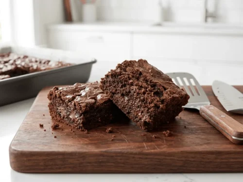 Chocolate brownies sliced into squares showing a dense and fudgy interior texture.