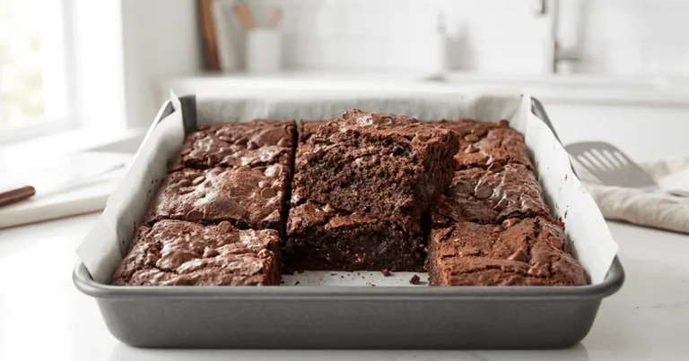 Freshly baked cottage cheese brownies cut into squares showing a rich chocolate texture and soft fudgy interior.