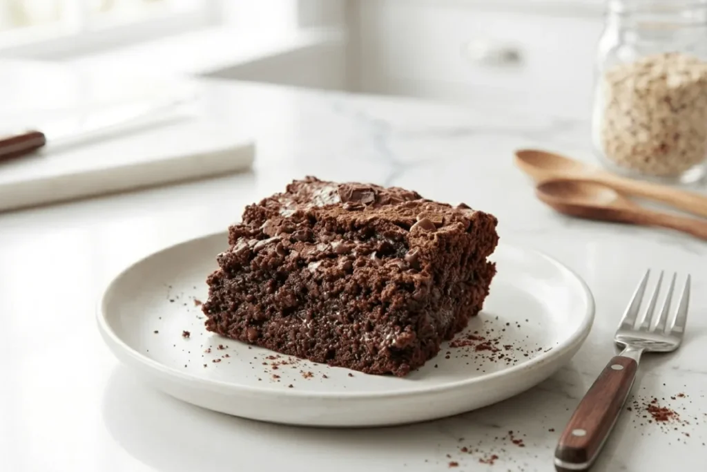 A fudgy cottage cheese brownie square served on a dessert plate with a fork, showing its rich chocolate texture.