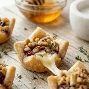 Golden puff pastry cranberry brie bites topped with cranberry sauce and nuts, served as an elegant appetizer.