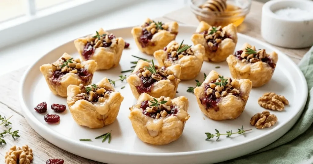 Golden puff pastry cranberry brie bites topped with cranberry sauce and nuts, served as an elegant appetizer.