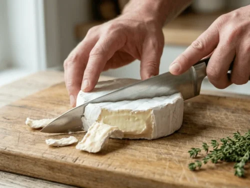 A wheel of brie cheese being trimmed and prepared before chilling to make slicing easier and cleaner.