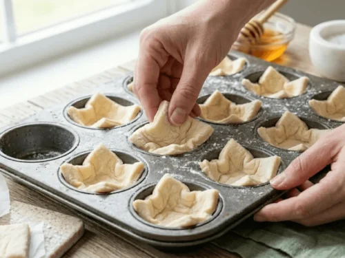 Puff pastry squares being shaped into a mini muffin tin to form bite-sized appetizer cups.
