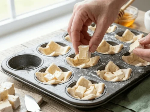 Small cubes of brie cheese placed inside puff pastry cups before baking.