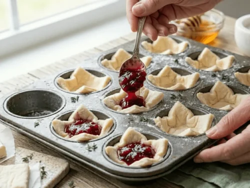 Cranberry sauce being spooned onto brie in puff pastry cups, creating a sweet and savory combination.