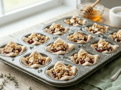 Unbaked cranberry brie bites topped with chopped nuts, arranged before going into the oven.