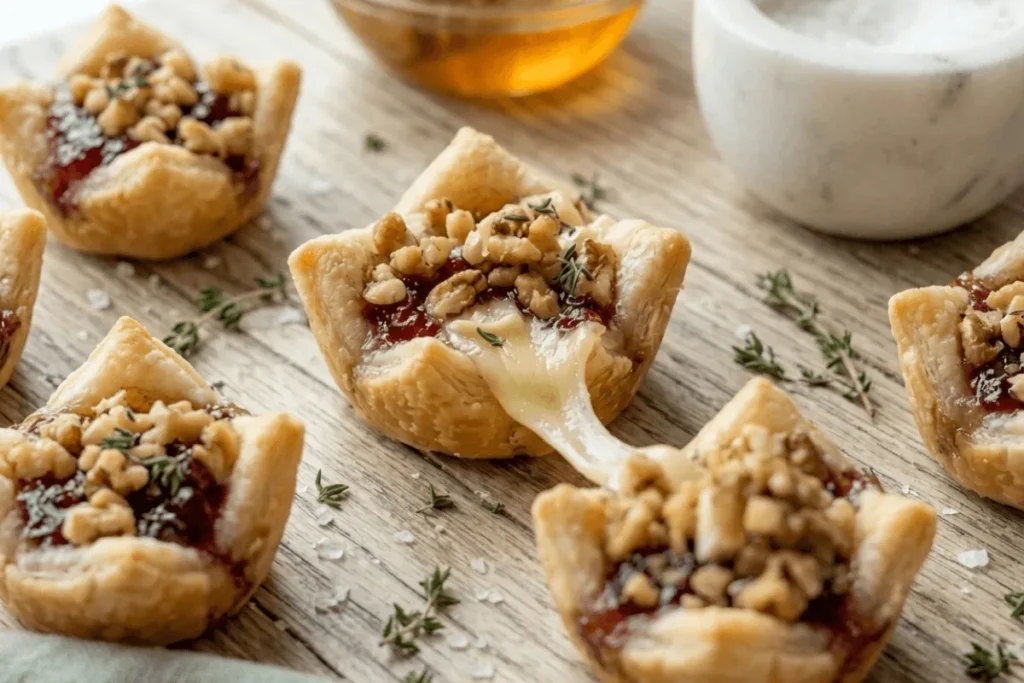 Freshly baked cranberry brie bites with melted cheese and cranberry topping ready to serve.
