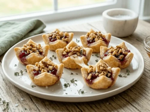 Freshly baked cranberry brie bites with melted cheese and cranberry topping ready to serve.