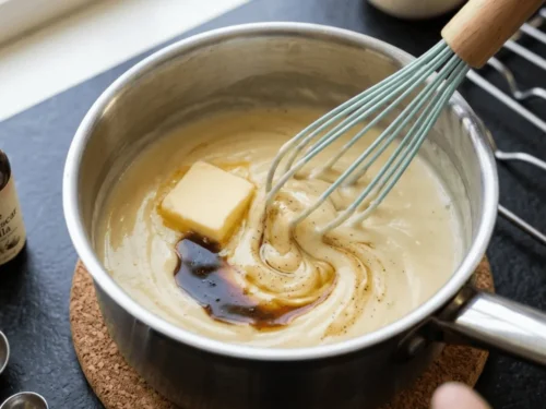 Smooth vanilla custard being whisked in a saucepan, ready for filling Danish pastries.