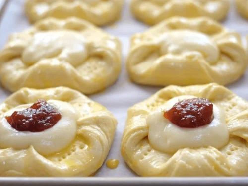 Individual Danish pastry squares being folded and shaped on a baking tray ready to rise.