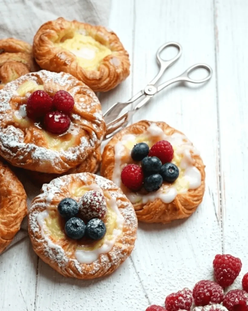 Golden Danish Pastry served with fresh berries and powdered sugar, arranged neatly on a white surface.
