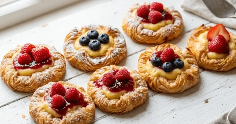 A tray of golden, flaky Danish pastries filled with vanilla custard and topped with fruit jam, served on a white surface.