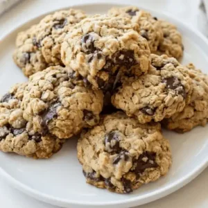 Freshly baked lactation cookies served on a plate with visible oats, flaxseed, and chocolate chips. These nutritious cookies are a convenient snack for breastfeeding mothers.