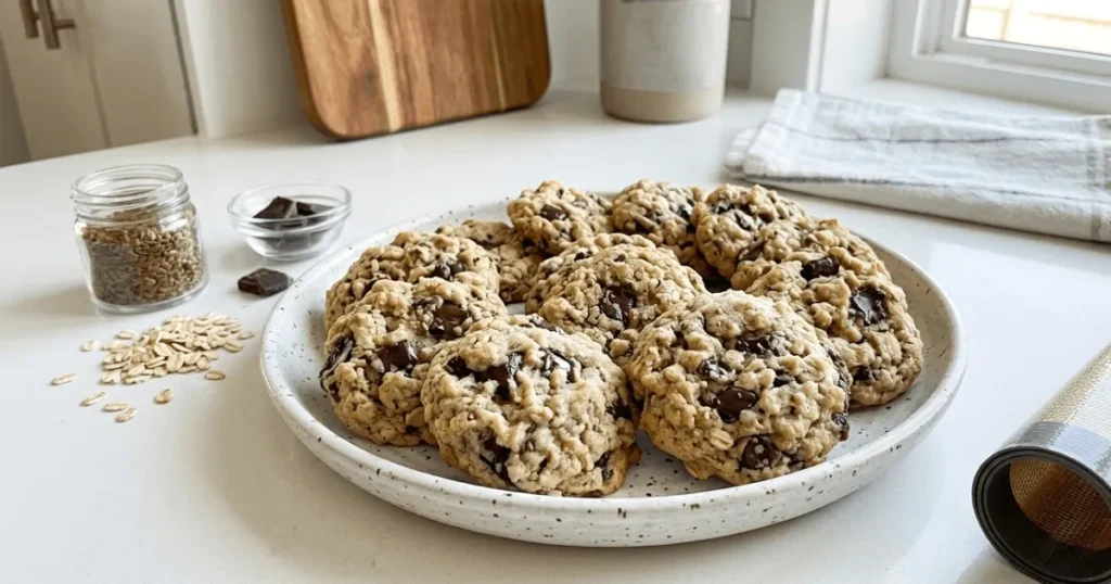 Freshly baked lactation cookies made with oats, flaxseed, and chocolate chips arranged on a baking tray. These nutrient-rich cookies are a popular snack for breastfeeding mothers.