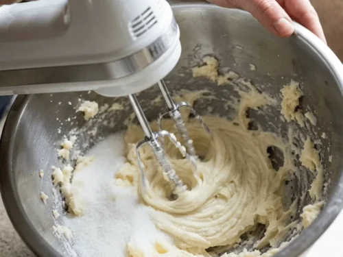Butter and sugar being blended with a hand mixer in a mixing bowl to create a smooth cookie dough base.