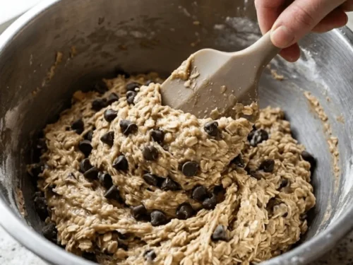 Chocolate chips being folded into thick oatmeal cookie dough in a large mixing bowl.