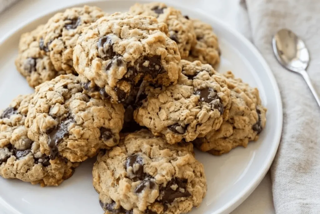Freshly baked lactation cookies served on a plate with visible oats, flaxseed, and chocolate chips. These nutritious cookies are a convenient snack for breastfeeding mothers.