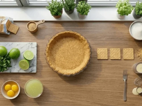 Fresh ingredients for lime pie including condensed milk, egg yolks, lime juice, and graham cracker crust arranged on a kitchen counter.