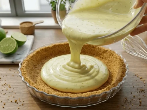 Pouring smooth lime pie filling into a graham cracker crust before baking in the oven.