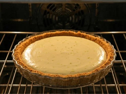 Lime pie baking in the oven until the filling is slightly set but still soft in the center.