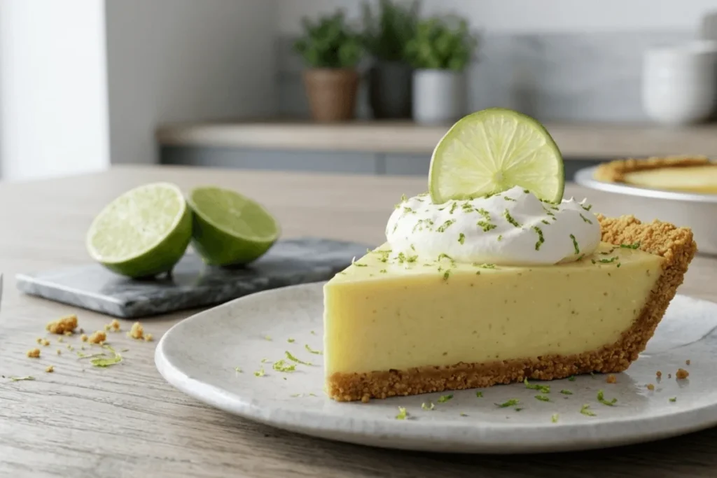 A chilled lime pie topped with whipped cream and lime slices ready to be served as a refreshing dessert.