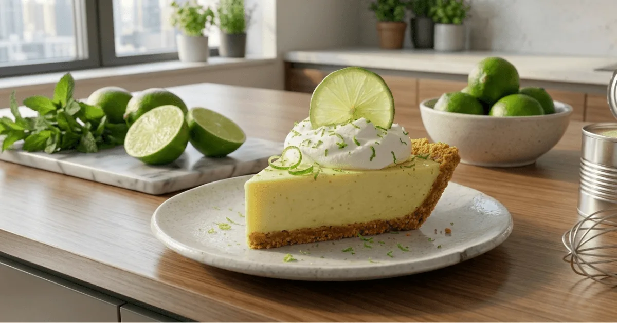 A creamy lime pie dessert with a graham cracker crust topped with whipped cream and fresh lime zest. This refreshing citrus dessert is perfect for summer gatherings or family dinners.