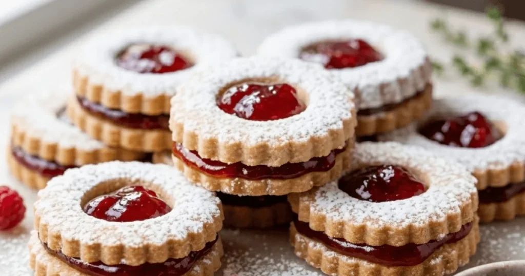 Linzer biscuits filled with raspberry jam and dusted with powdered sugar, showing their classic cutout design and sandwich structure.
