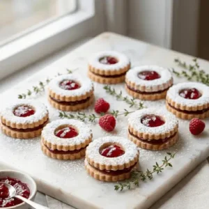Classic Linzer biscuits filled with jam and dusted with powdered sugar, showing the traditional cutout window design.